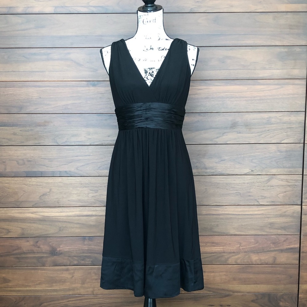 V Neck Little Black Dress Satin Waist Midi Dress